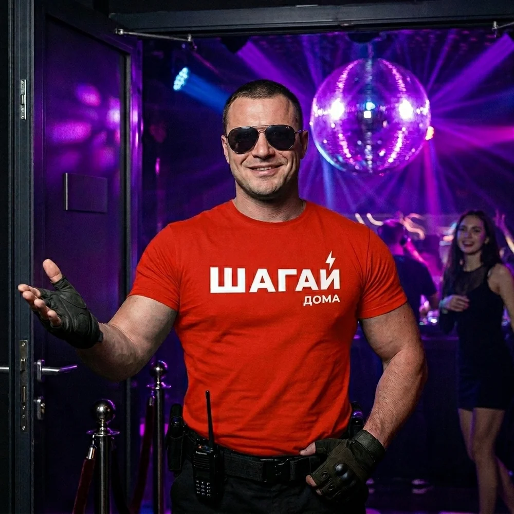 Охранник на фейс-контроле в футболке Шагай Дома