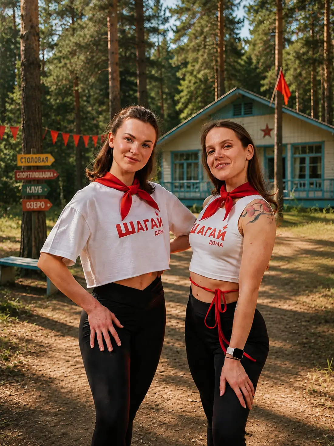 Две вожатые в футболках «Шагай Дома» с красными галстуками у корпуса летнего лагеря